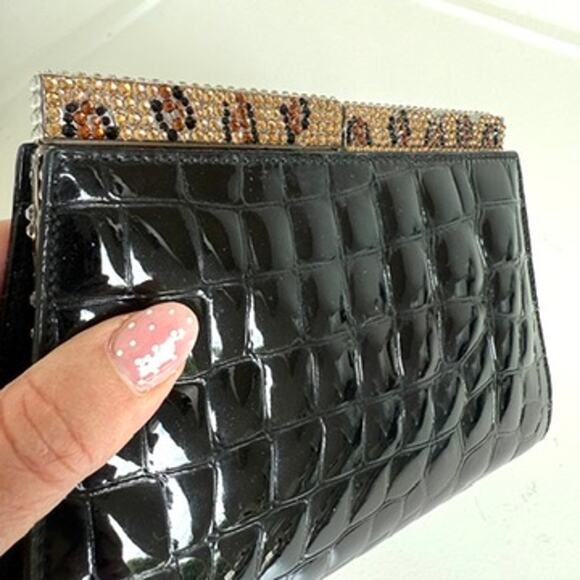 Isabella Adams New York Black Patent Crystal Embellished Evening Clutch - Picture 3 of 9